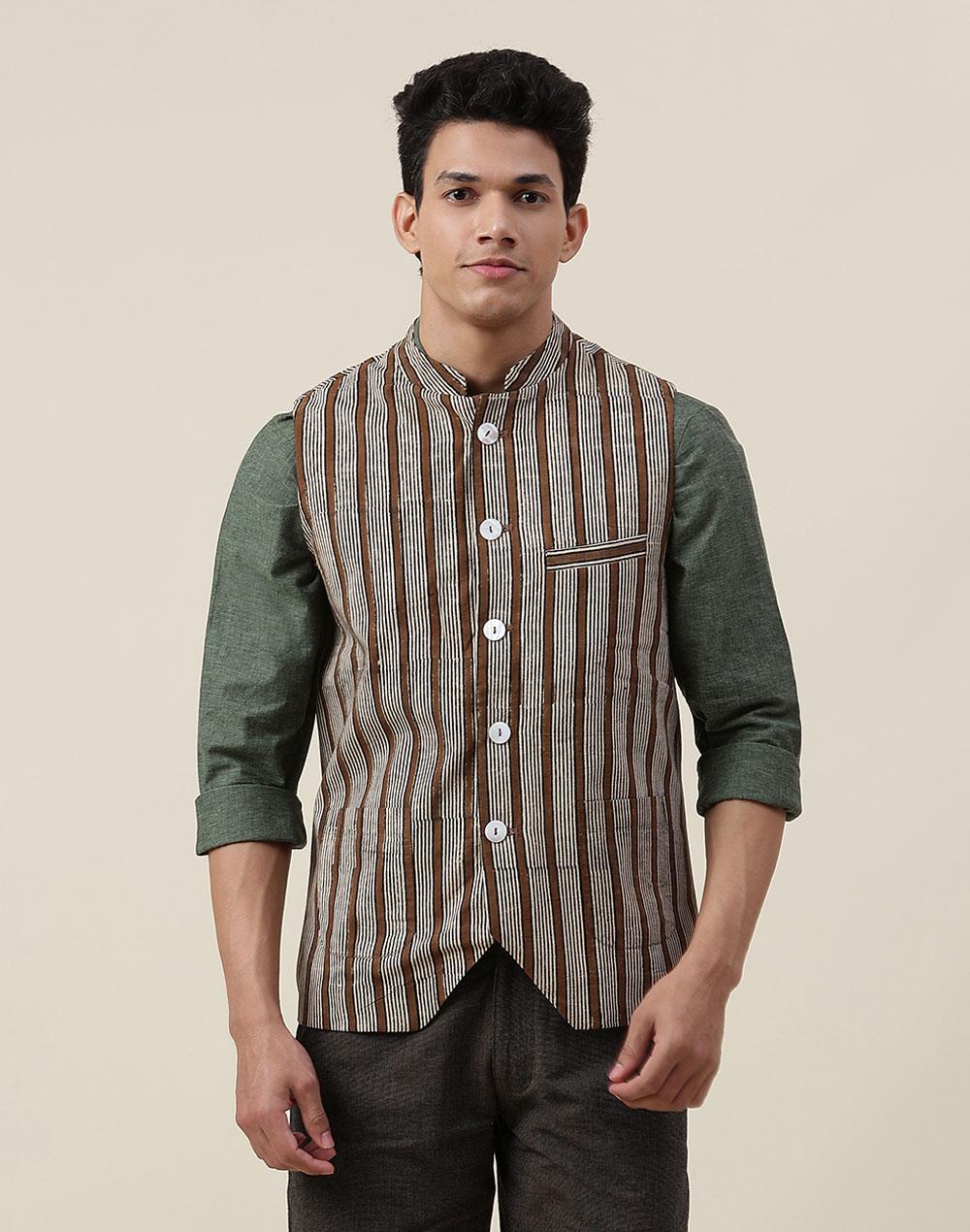 brown cotton printed slim fit jacket