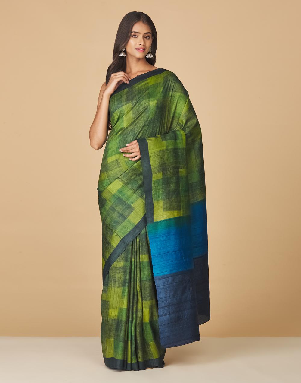 green silk hand block printed sari