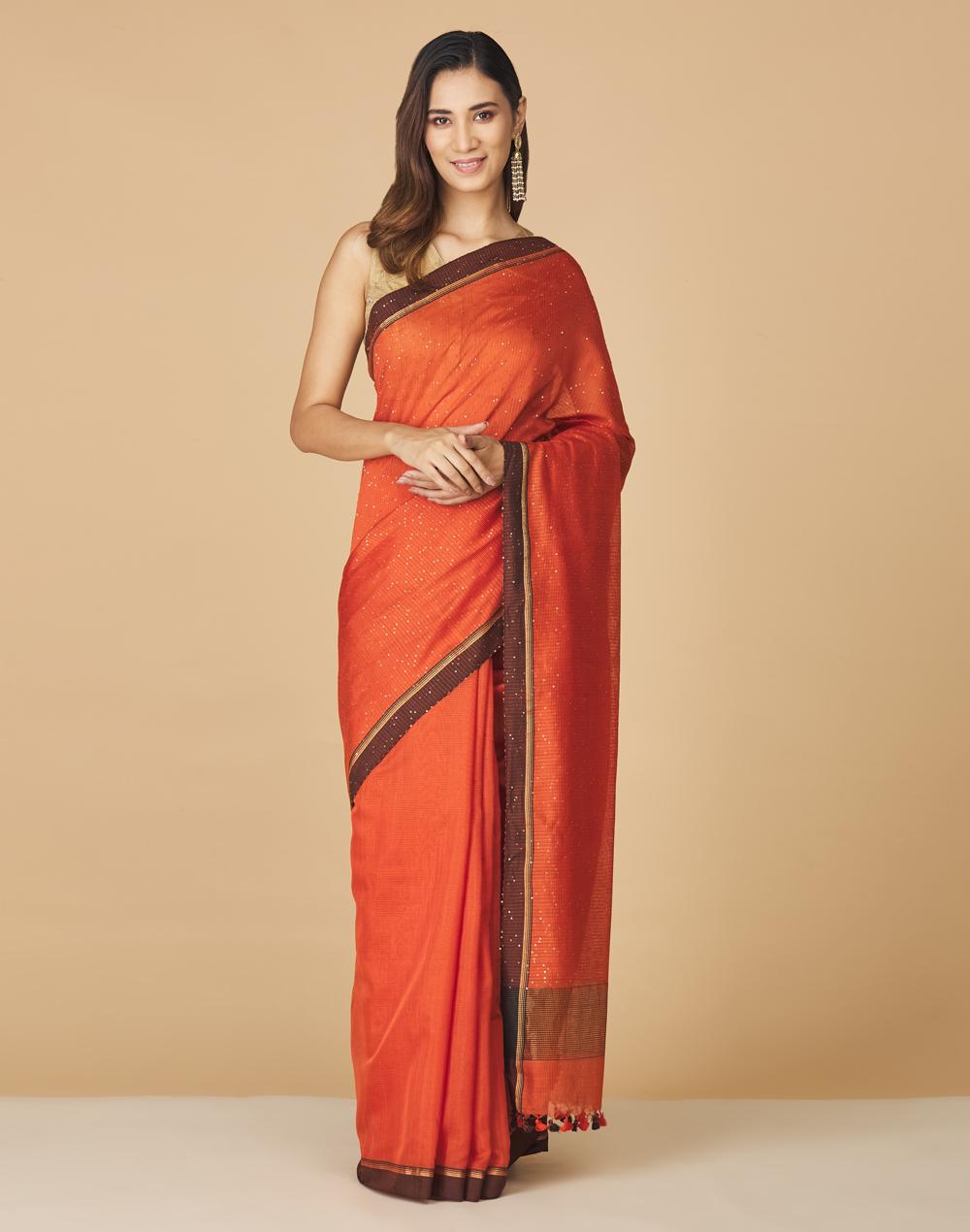 orange viscose blend hand woven sari