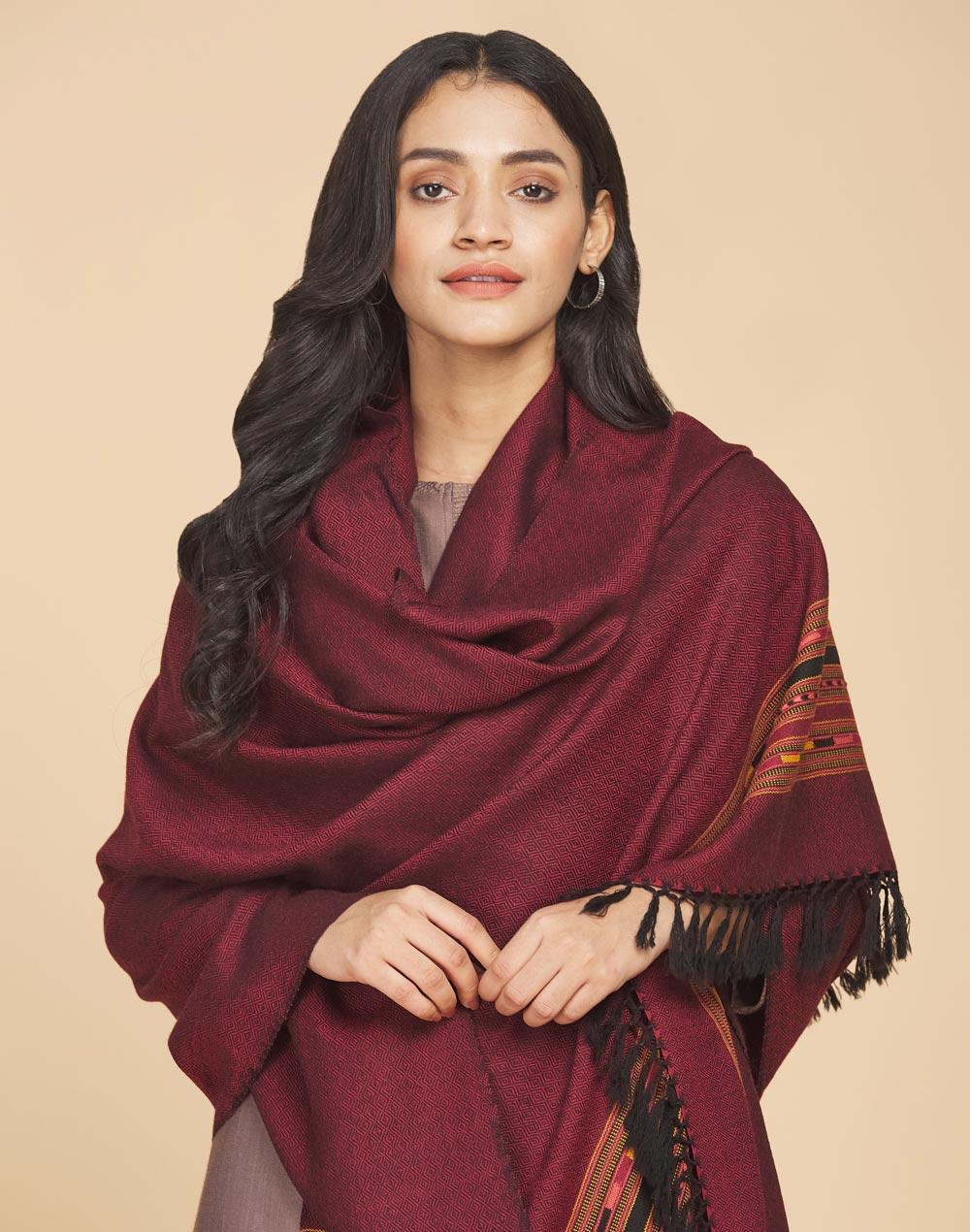 maroon wool hand woven shawl