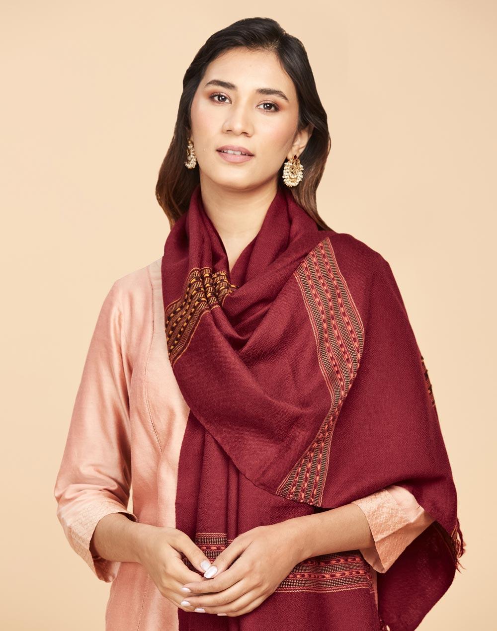 maroon wool hand woven shawl