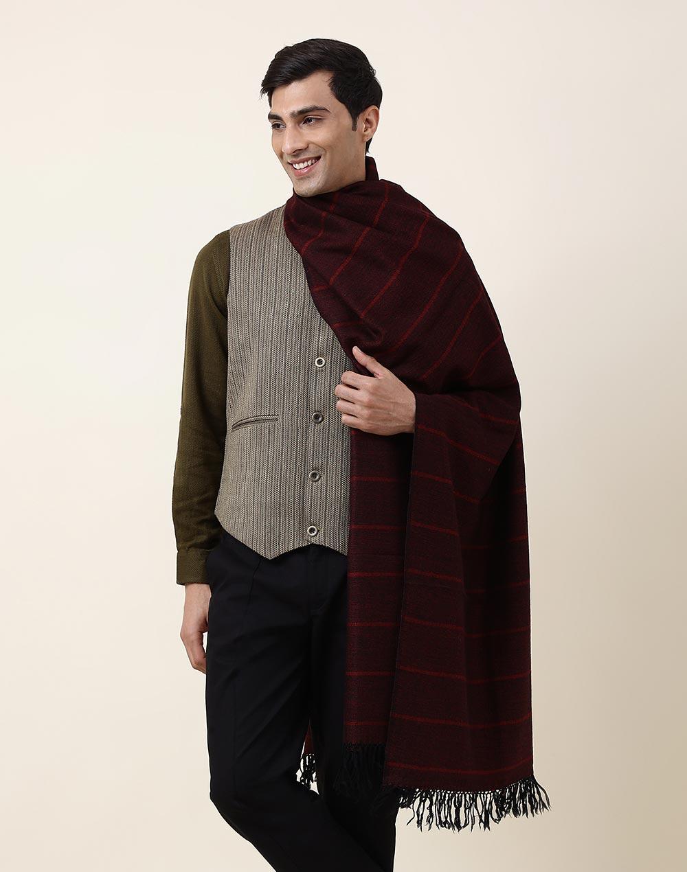 maroon wool hand woven shawl