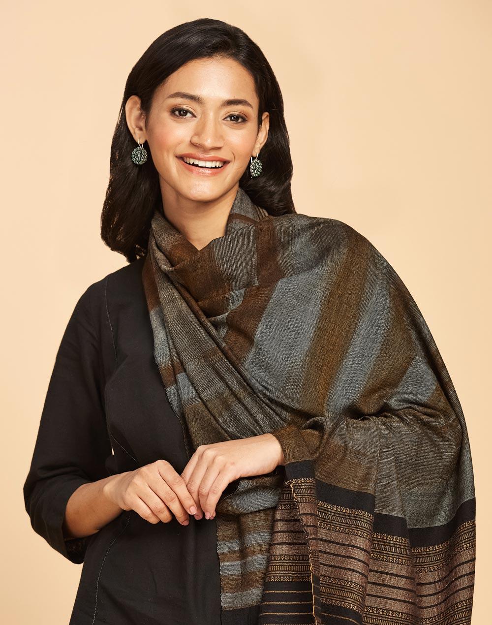 brown wool blend hand woven shawl