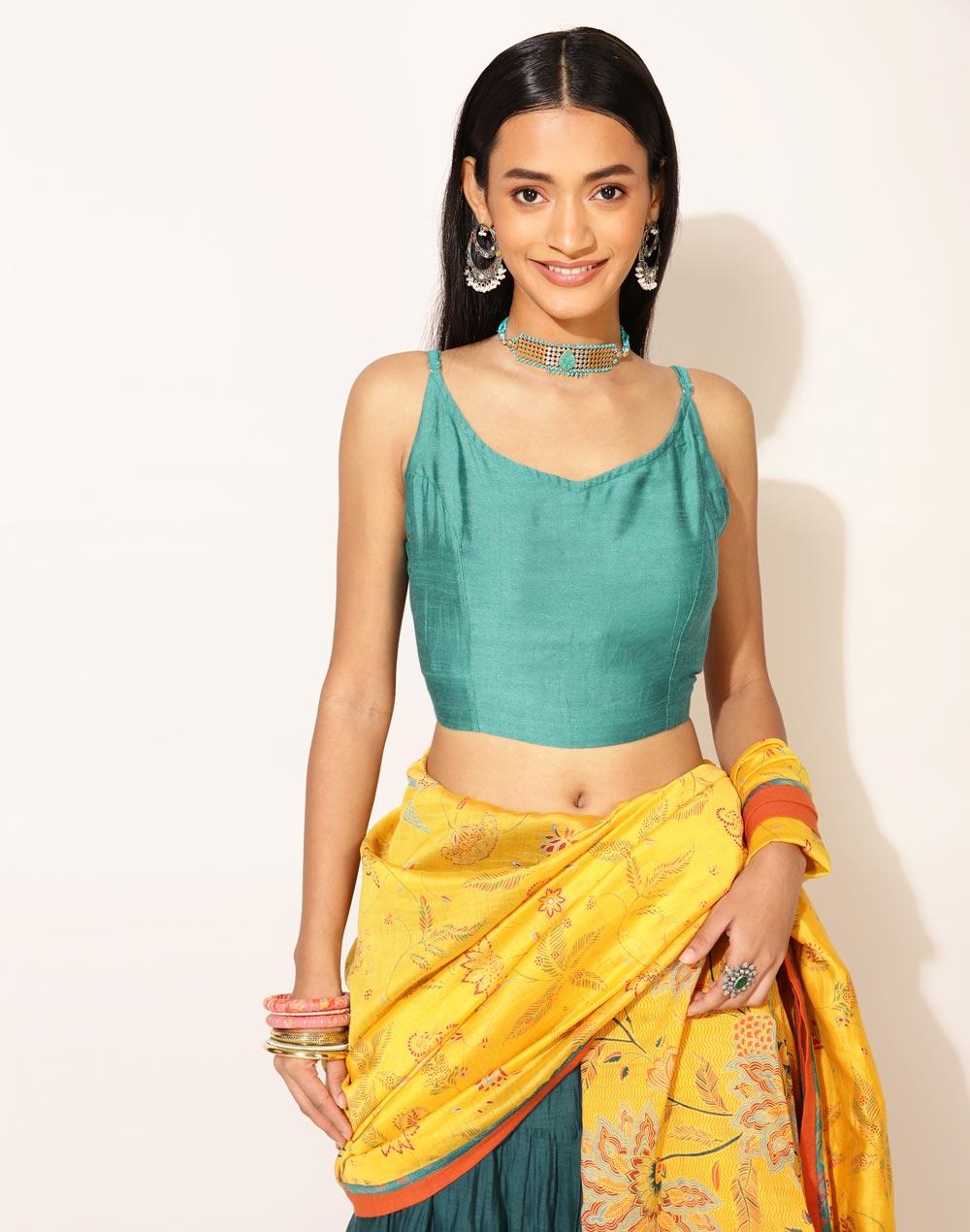 nuindian teal silk woven blouse