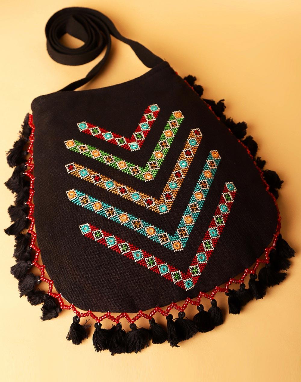 black cotton linen hand embroidered sling