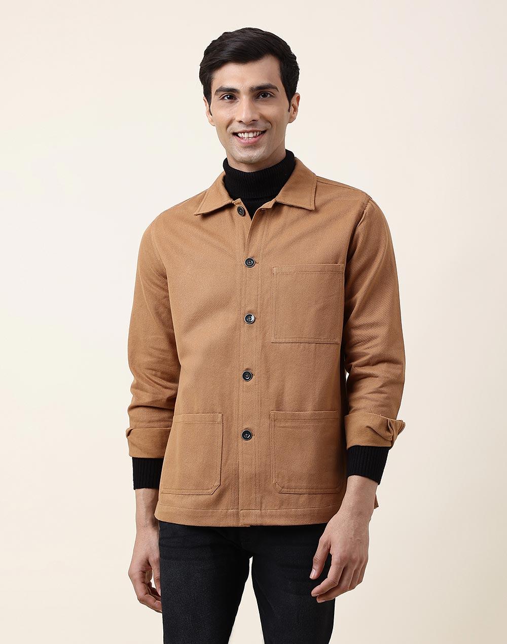 brown cotton straight fit utility jacket