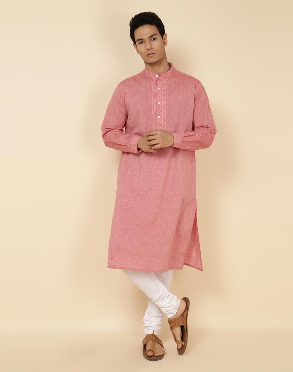 red cotton woven slim fit long kurta