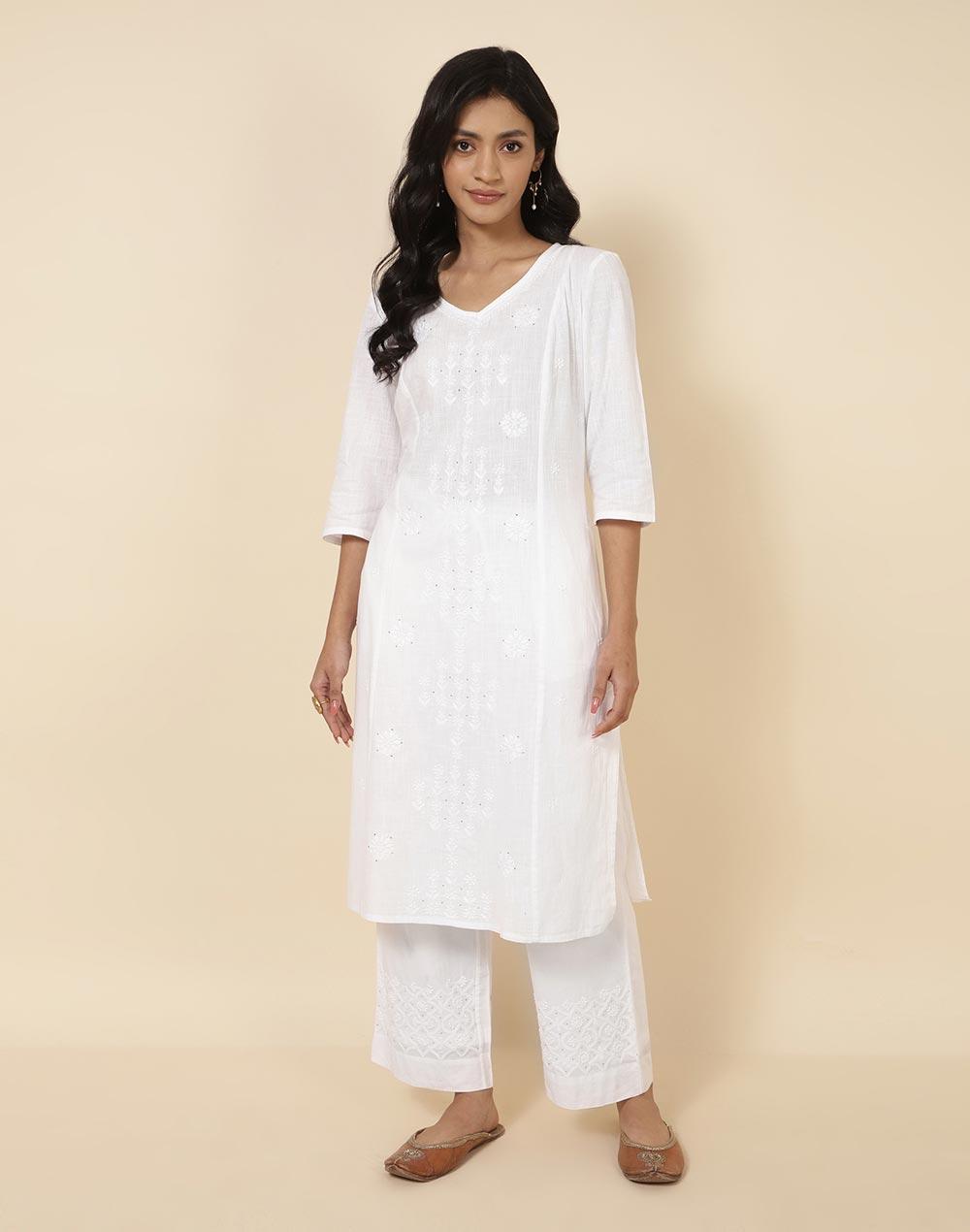 white cotton chikankari slim fit long kurta