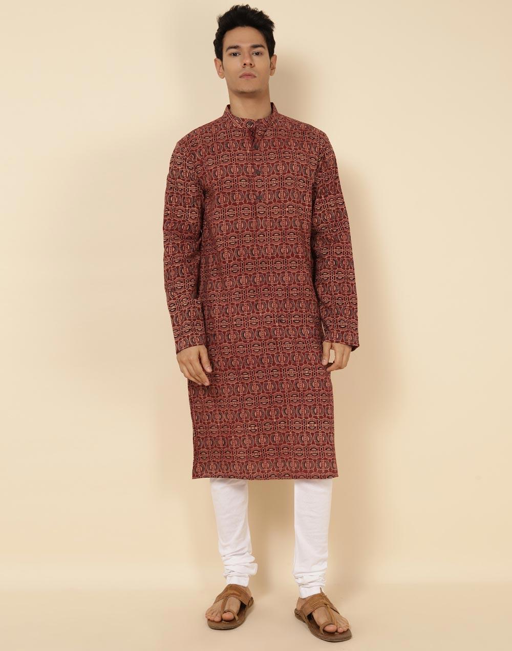 maroon cotton printed slim fit long kurta