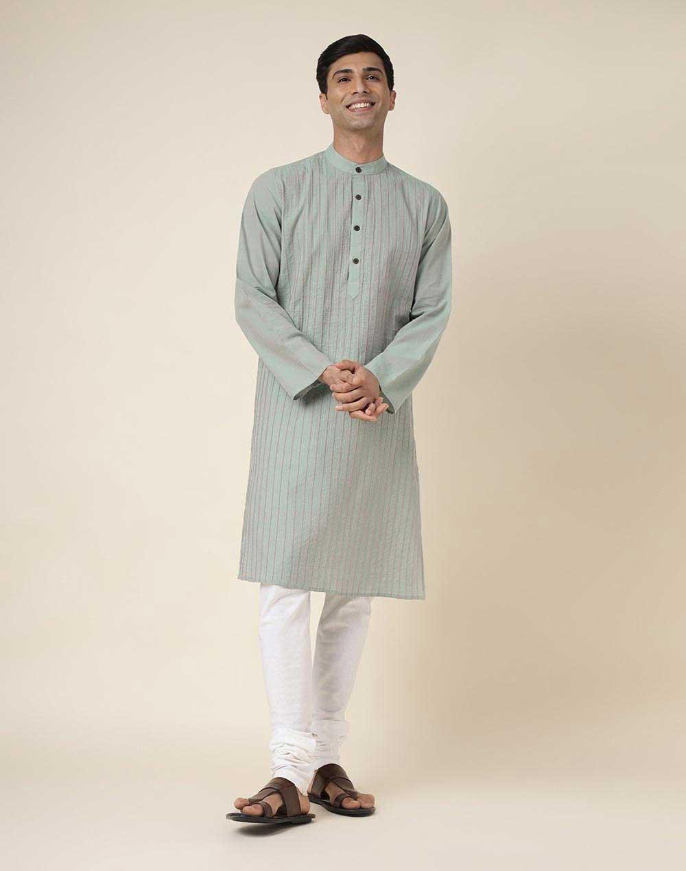 green cotton pintucks slim fit long kurta