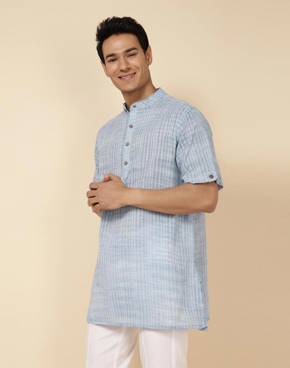 blue cotton woven short kurta