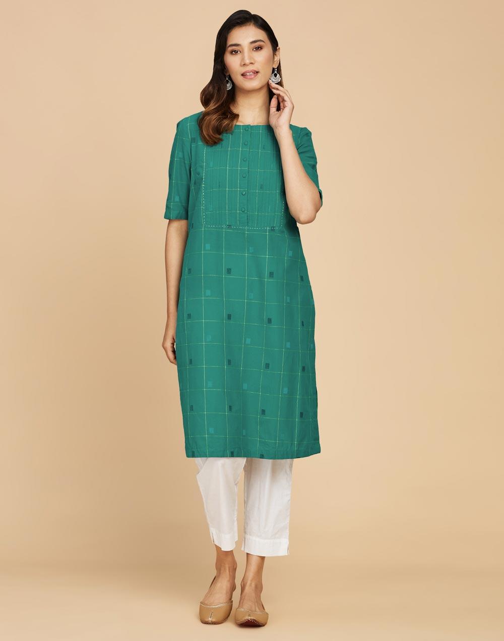 green cotton straight knee length kurta