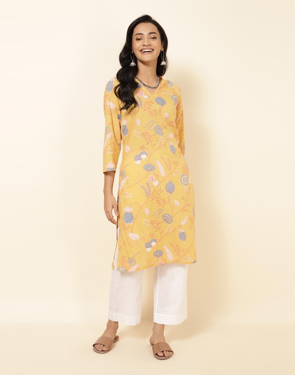 nuindian yellow cotton printed kurta