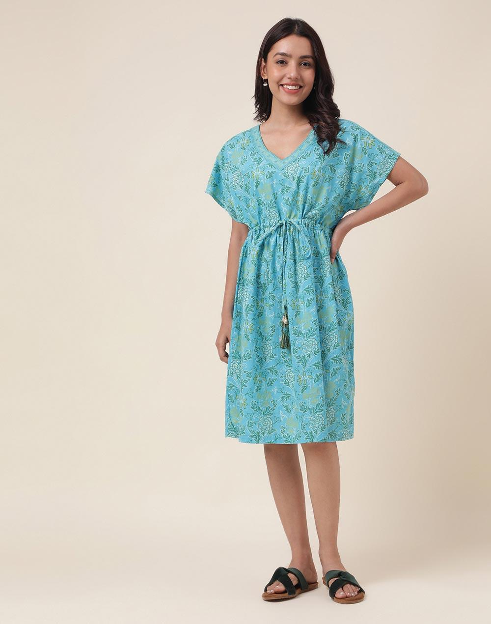 blue cotton printed short dress