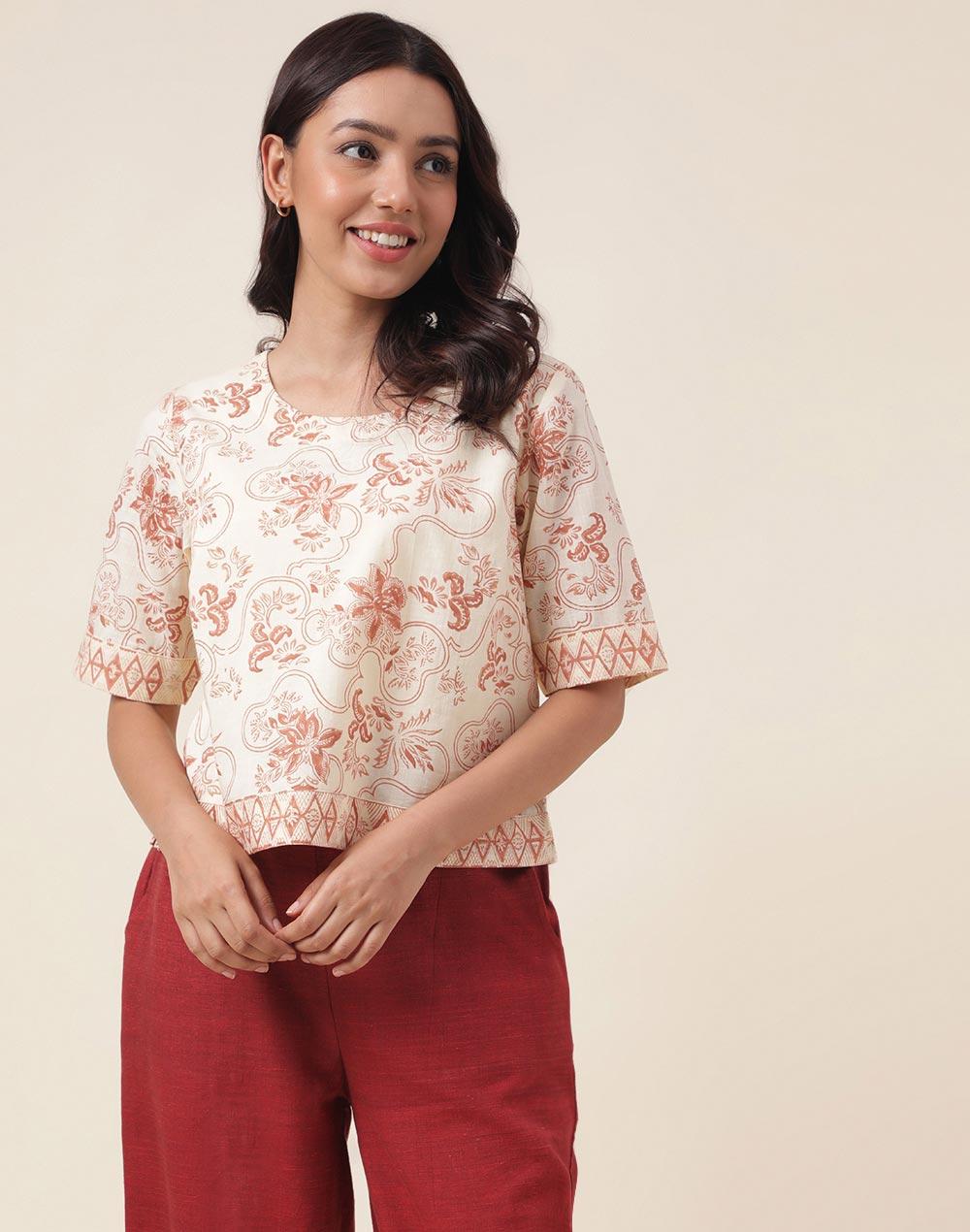 white cotton hand block printed short top