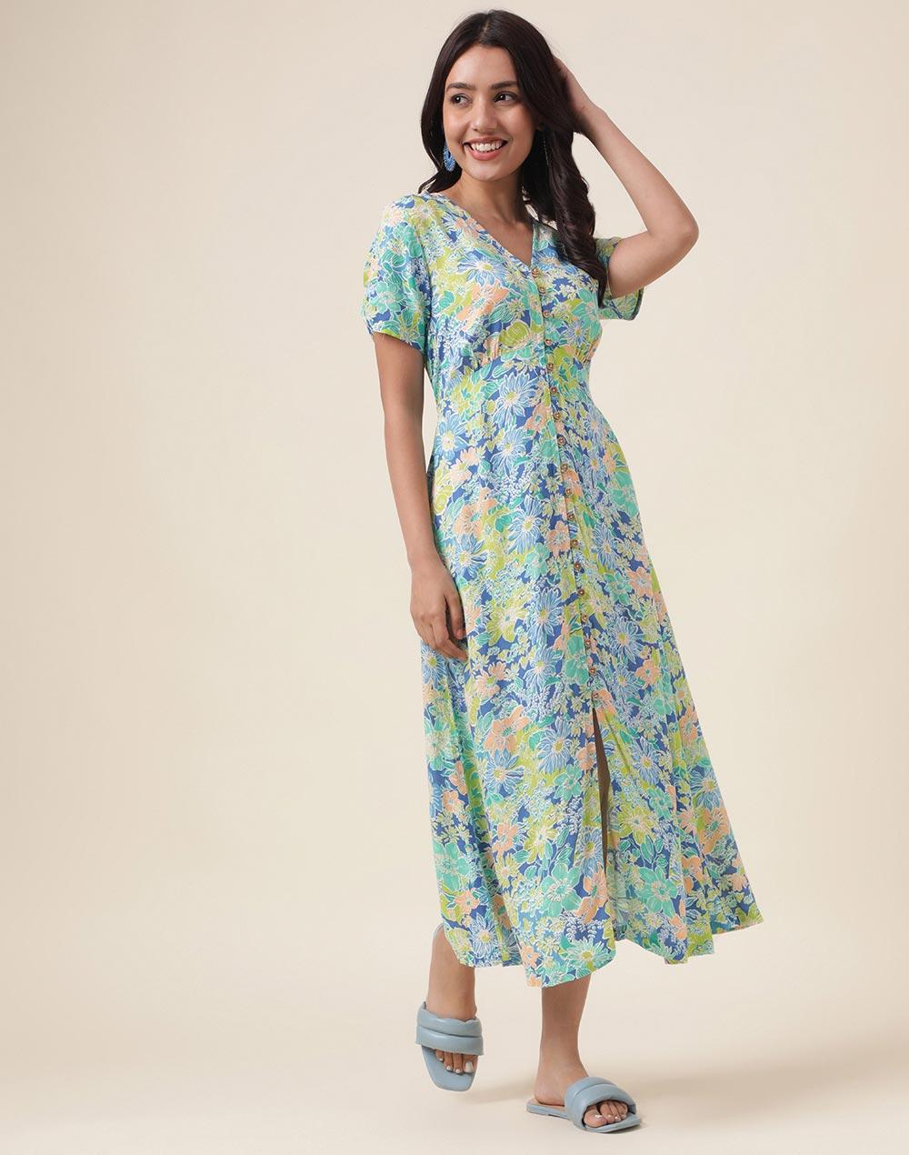 fabnu blue viscose printed midi dress