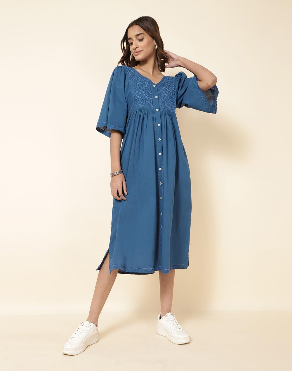 blue cotton chikankari midi dress