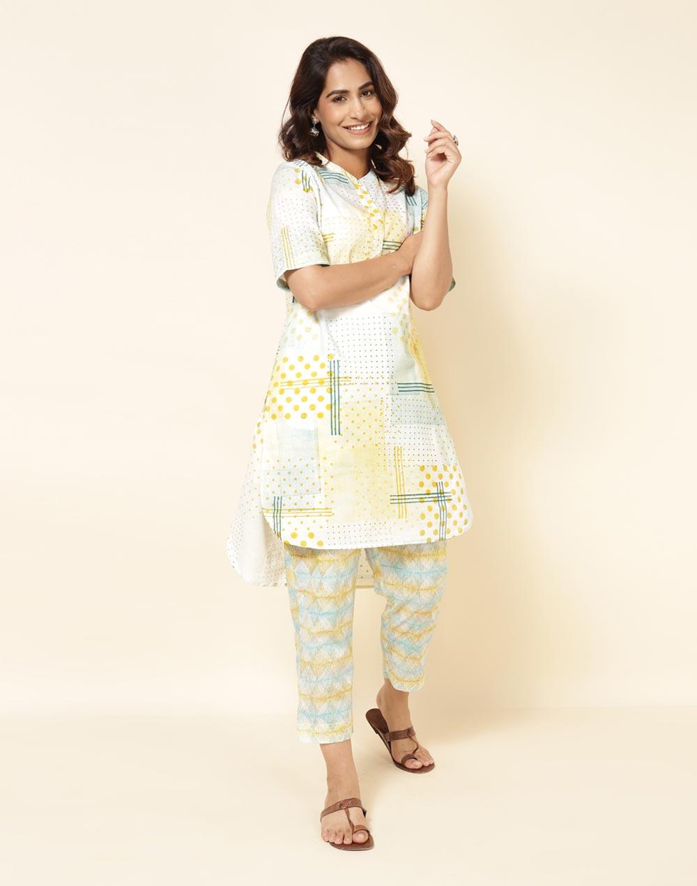 nuindian white cotton printed  2pc kurta set