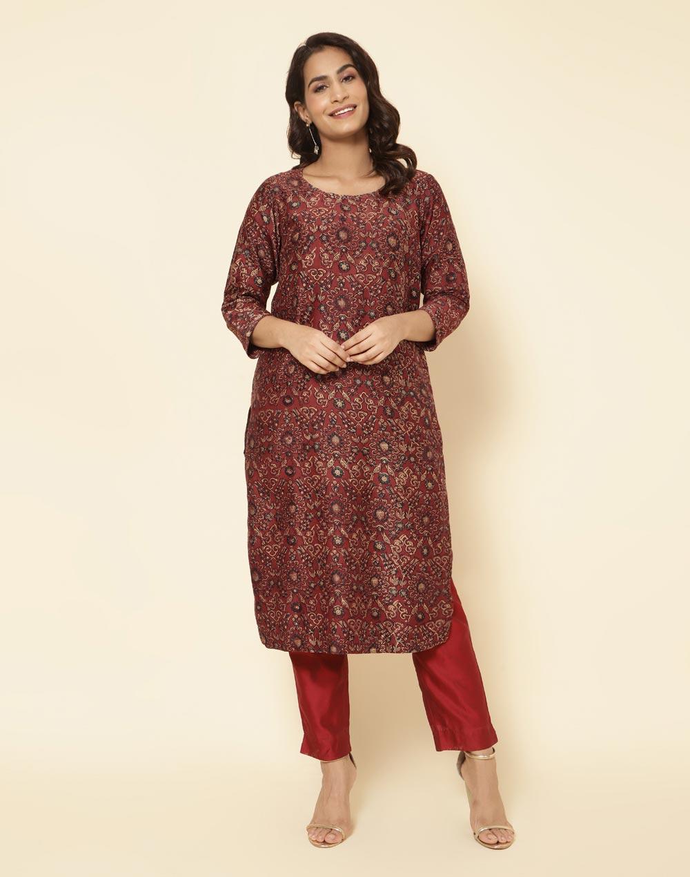 red cotton silk printed long kurta