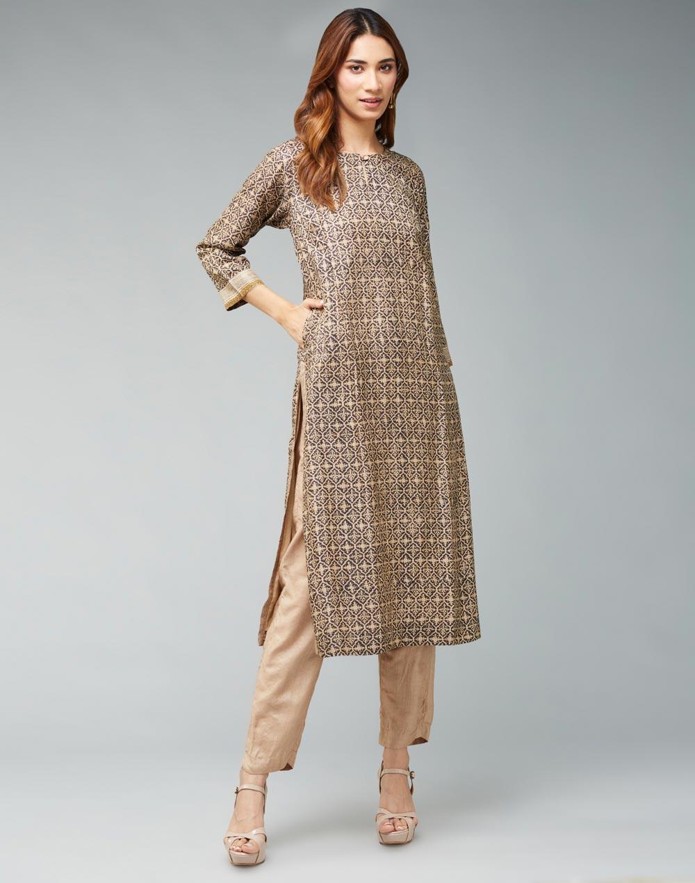 beige silk printed long kurta