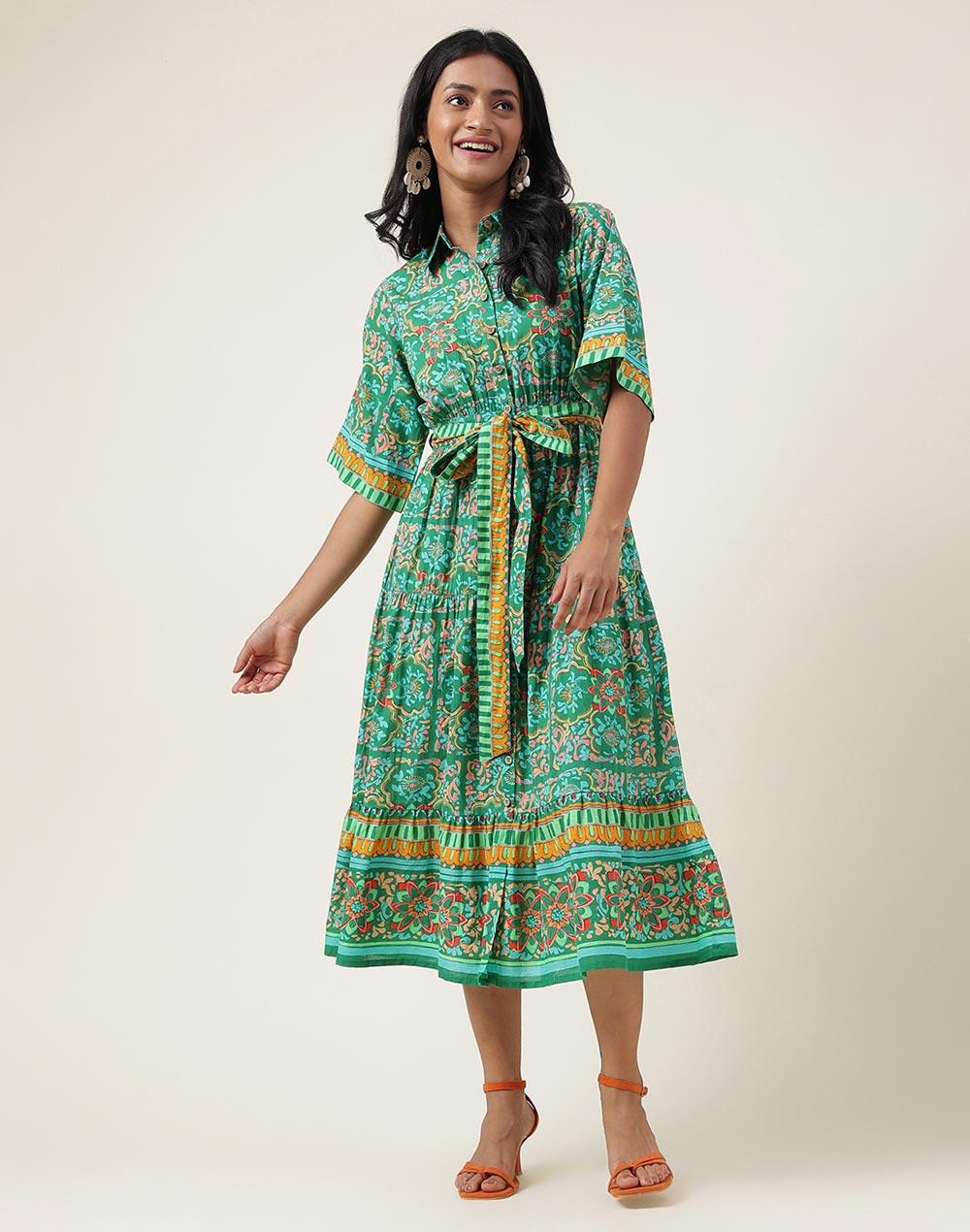 fabnu green cotton printed midi dress