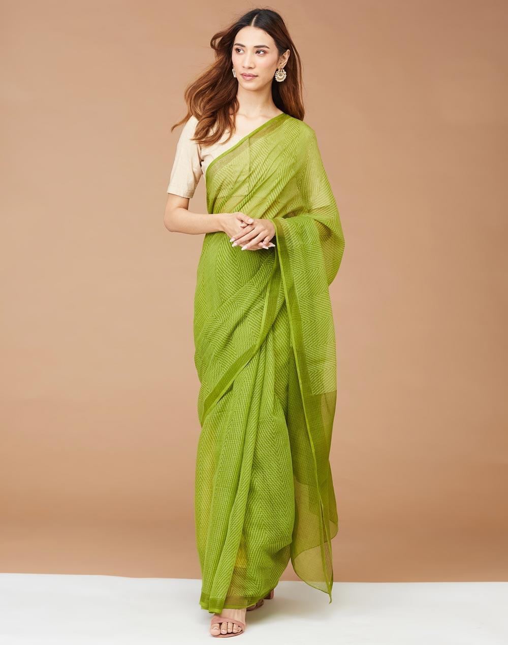 green cotton silk hand block printed sari