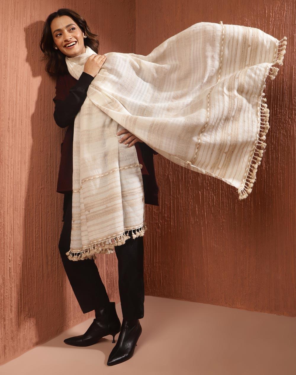 offwhite wool blend woven shawl