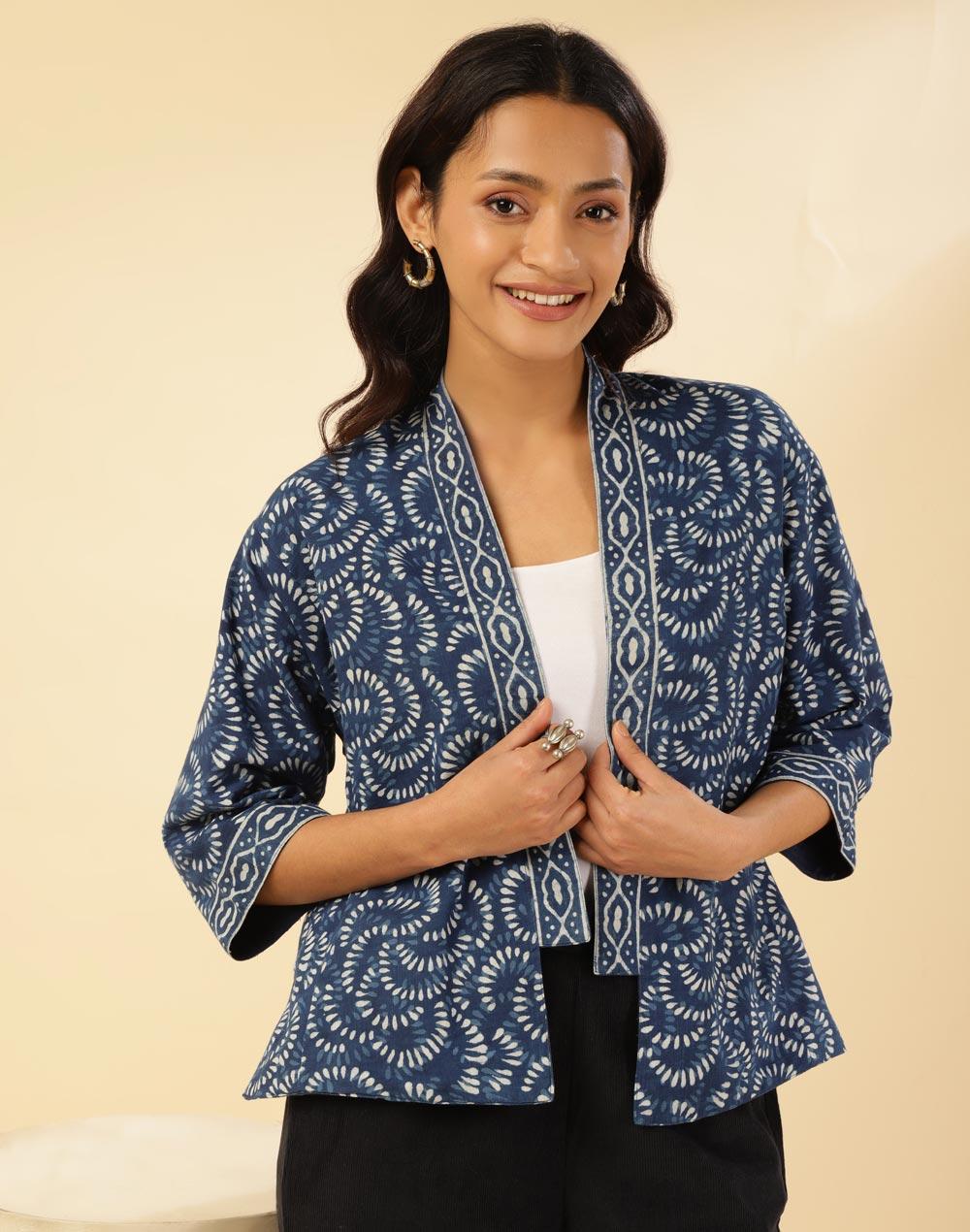 indigo cotton dabu printed shrug