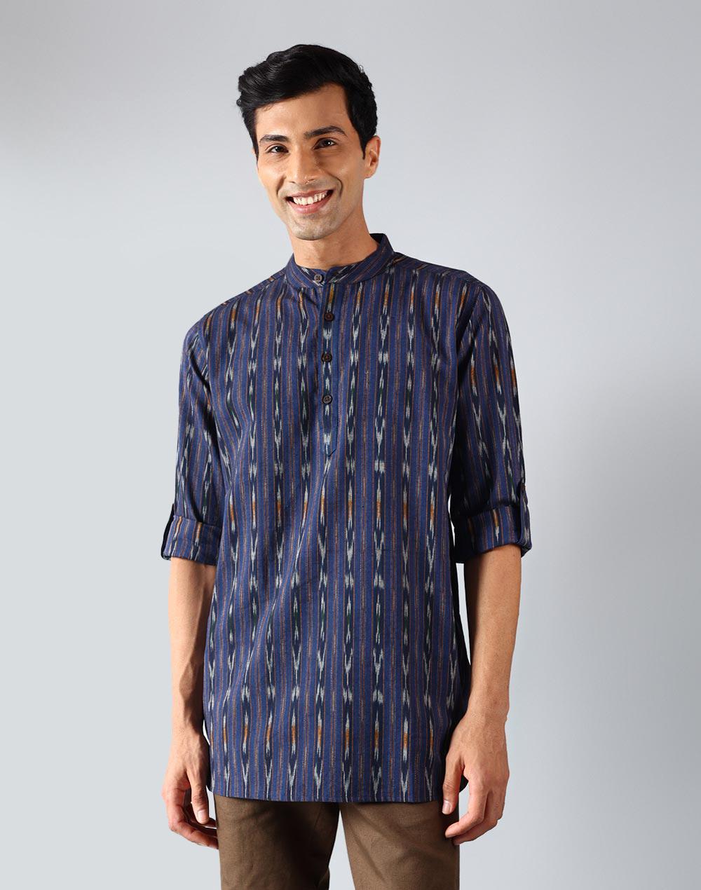 navy cotton ikat slim fit short kurta