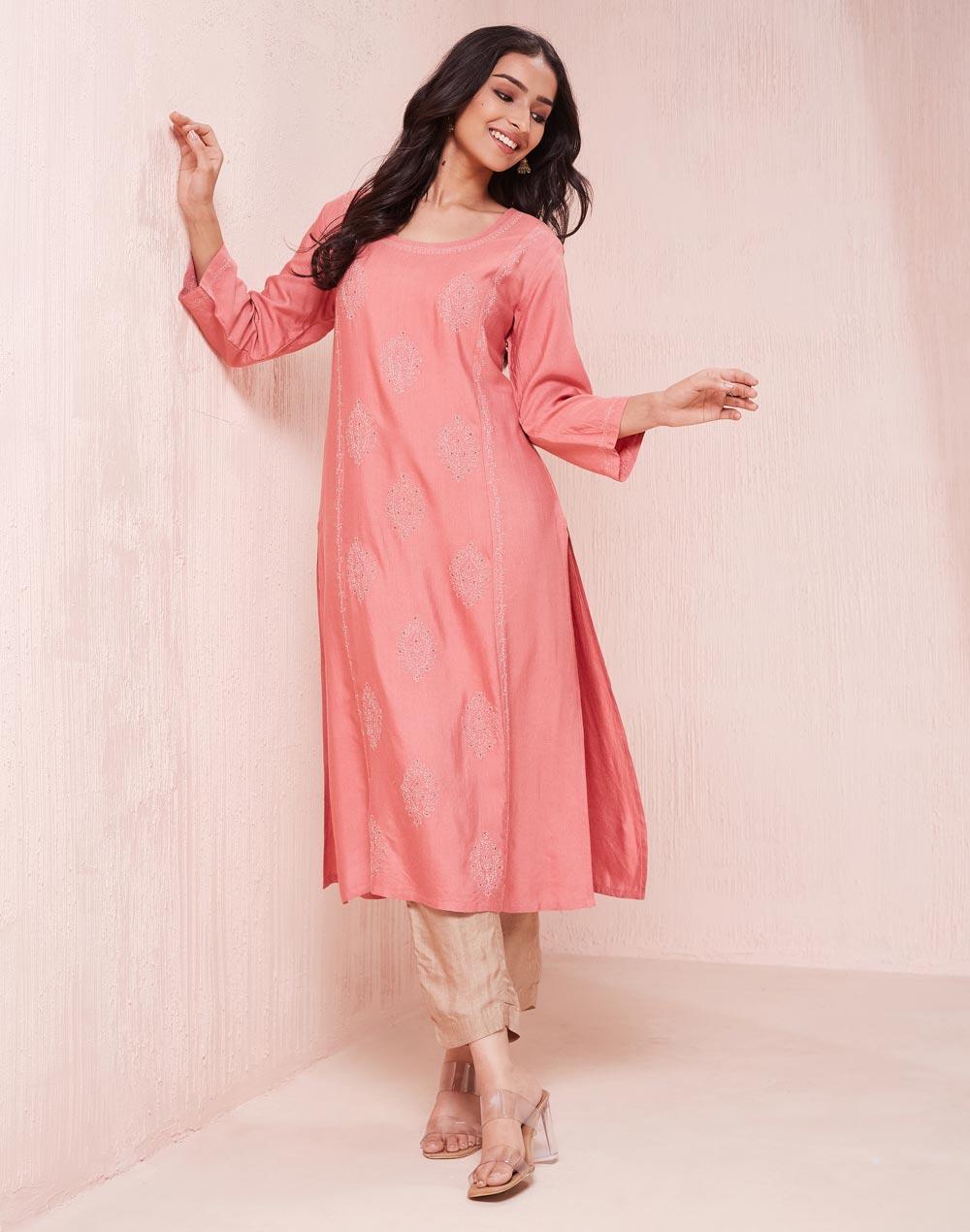 pink viscose silk chikankari long kurta