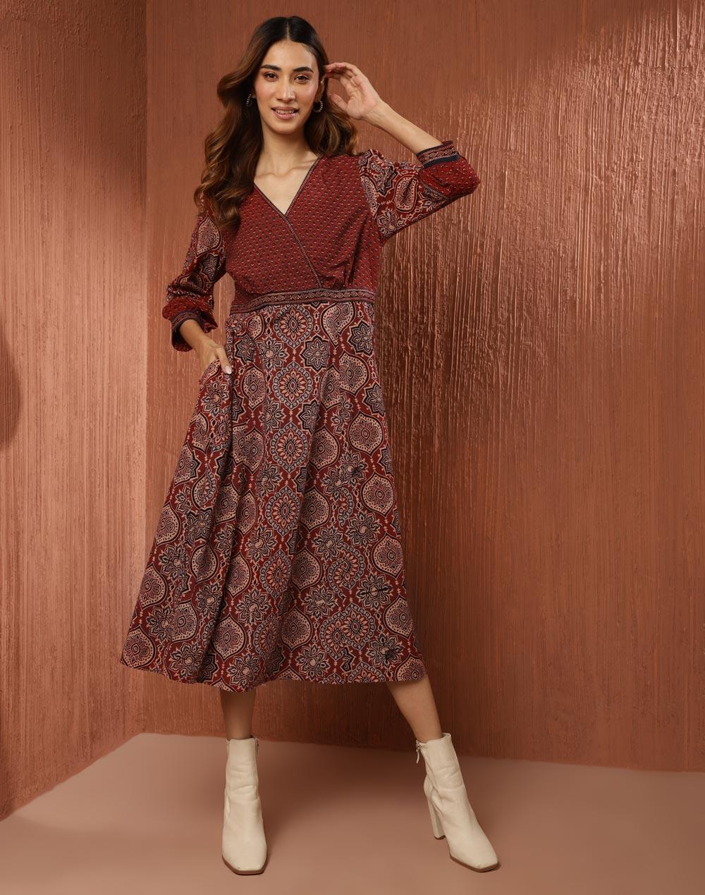 red cotton ajrakh printed midi dress