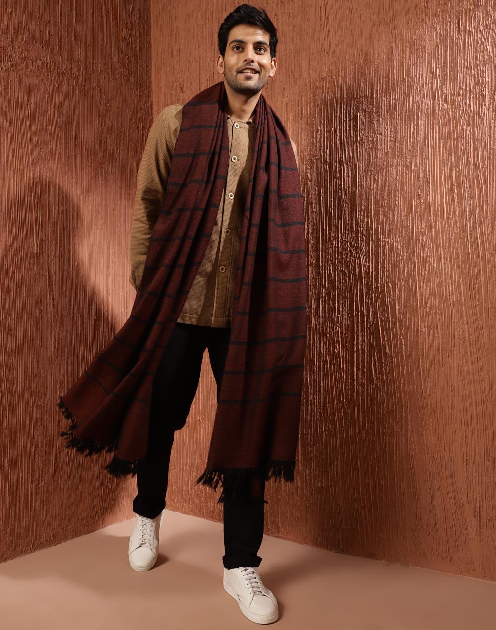 maroon wool woven men shawl