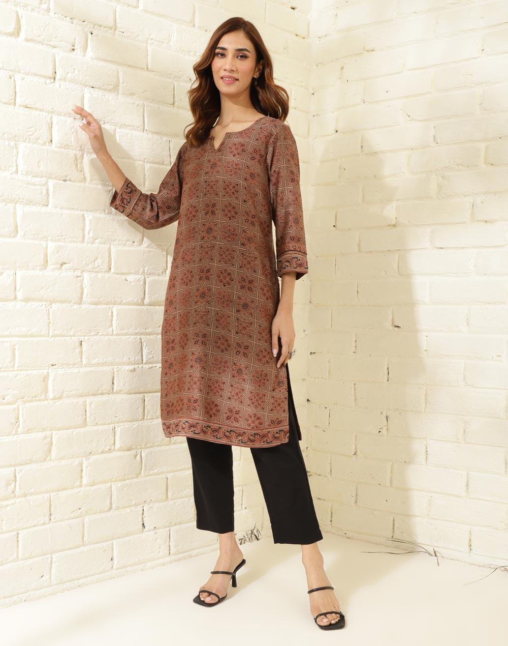 grey cotton silk printed knee length kurta