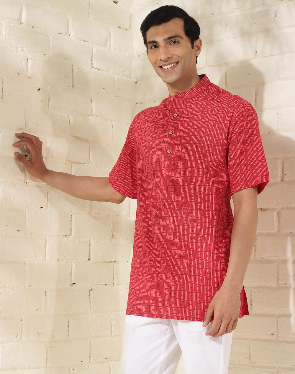 red cotton printed short kurta