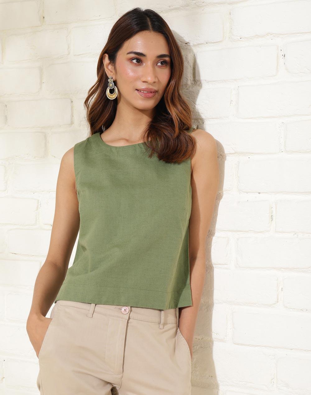 green linen blend crop length short top