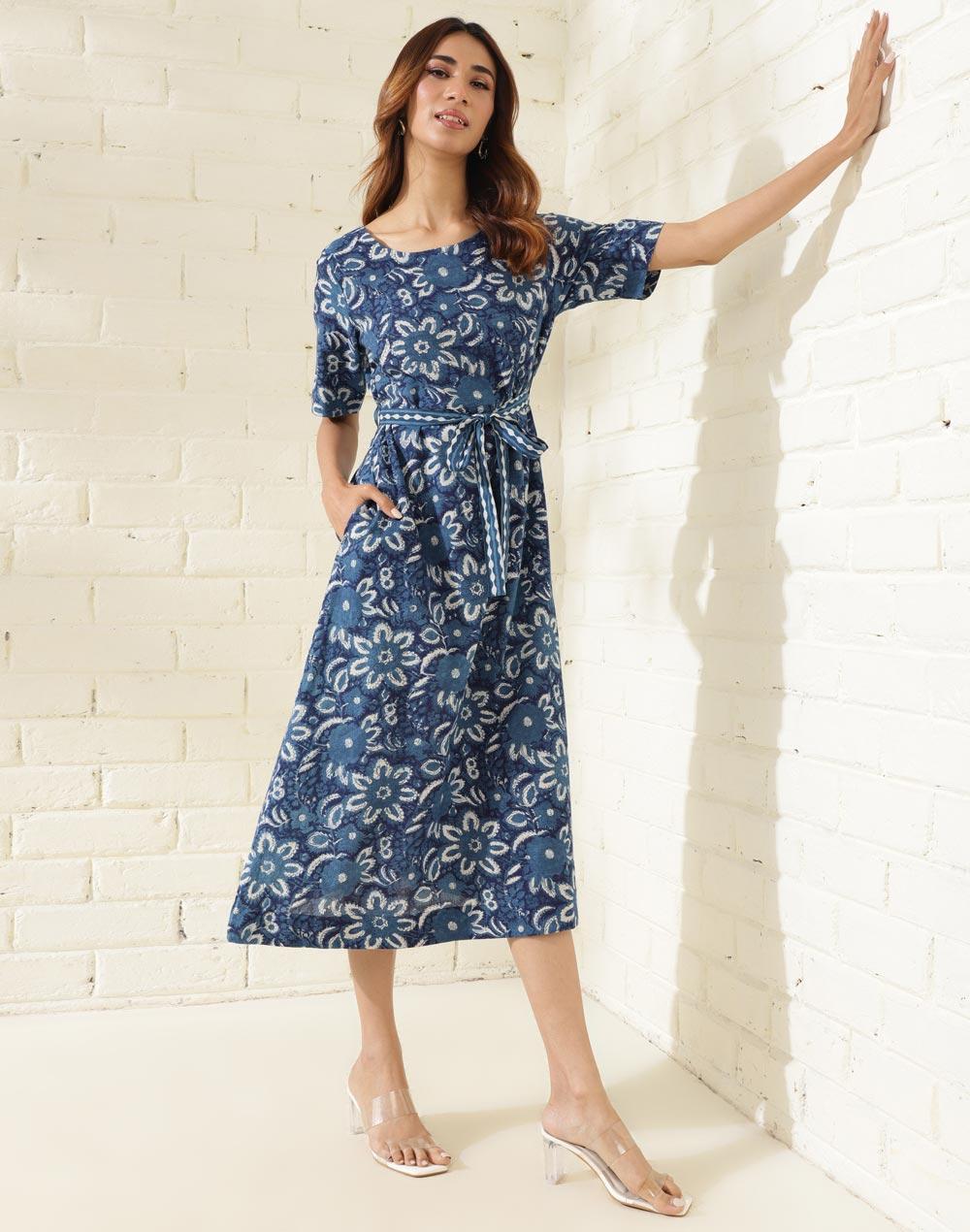 indigo cotton printed midi dress