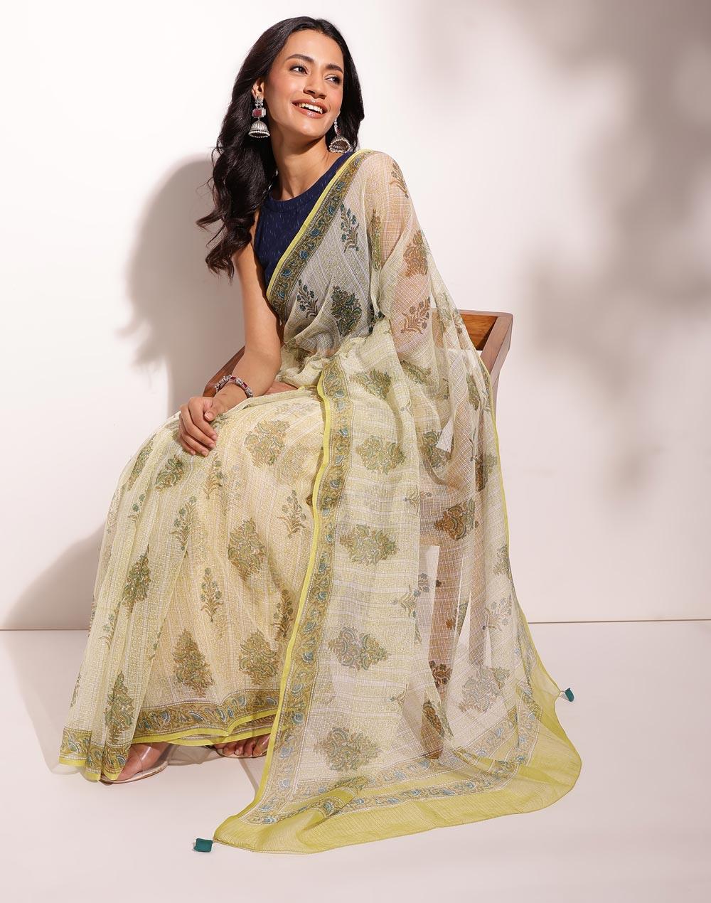 green cotton silk hand block printed sari