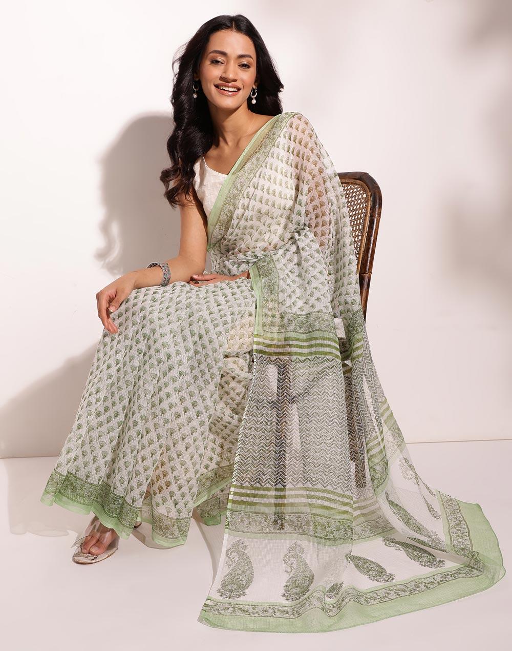 natural cotton silk hand block printed sari