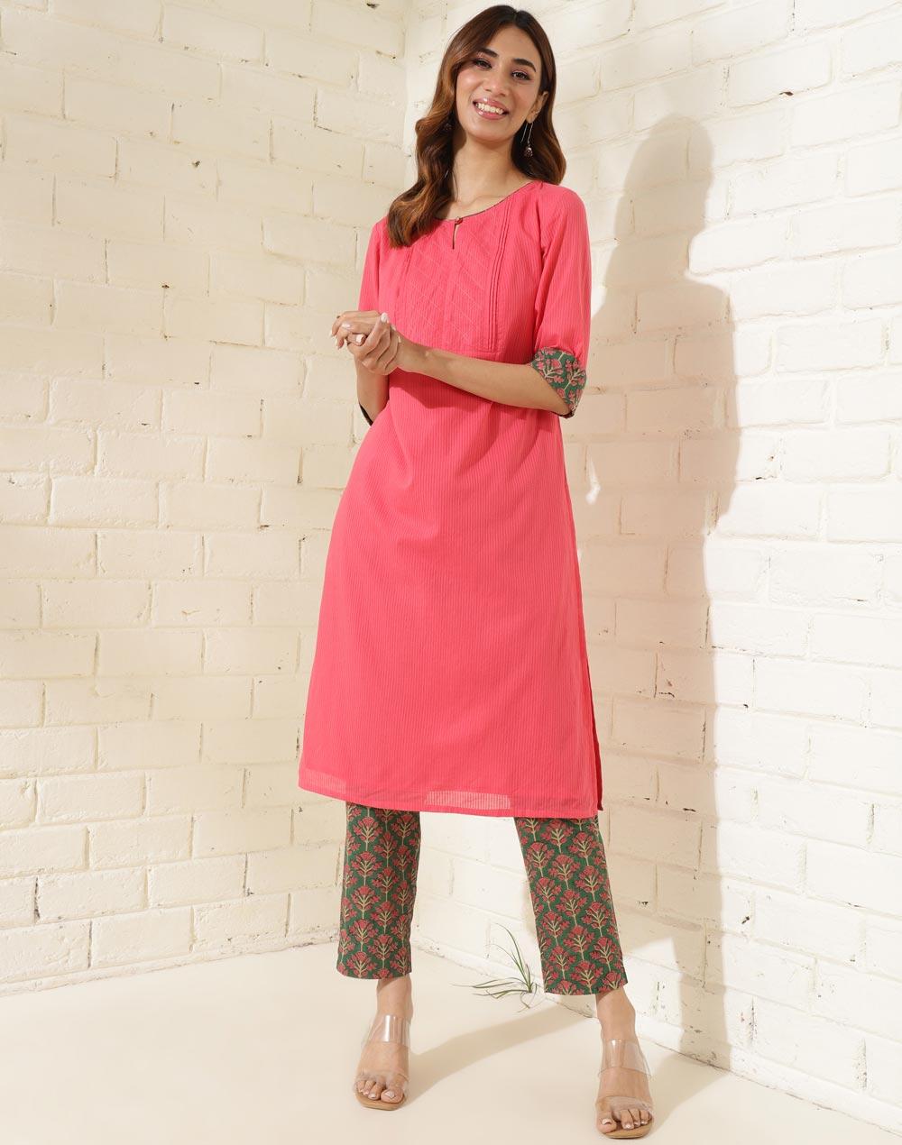 pink cotton hand block printed slim fit 2pc kurta set