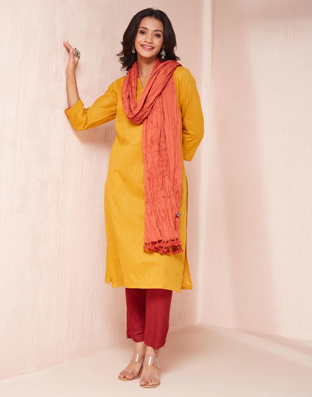 mustard cotton blend regular fit kurta & dupatta set