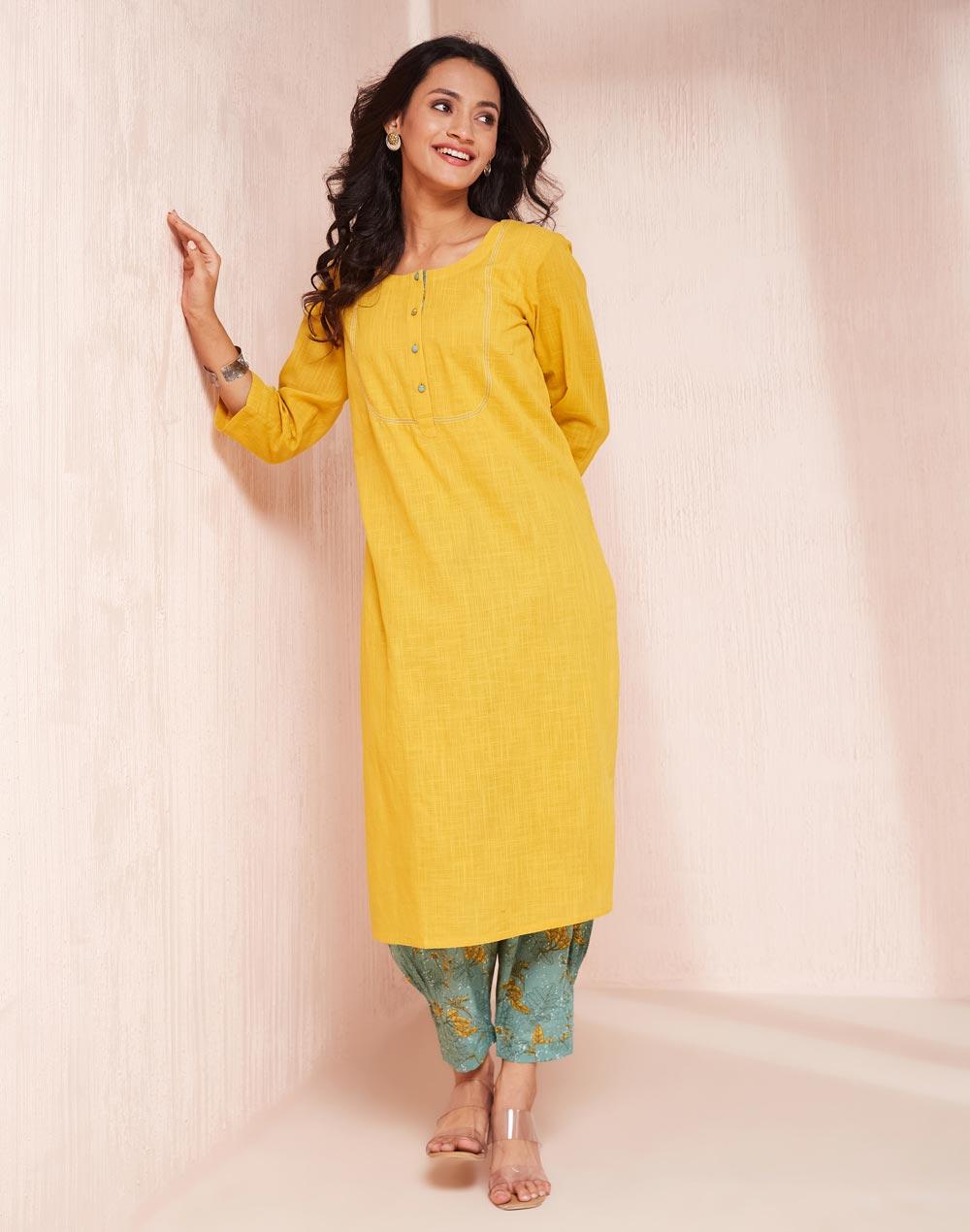 avni yellow cotton regular fit kurta & salwar set