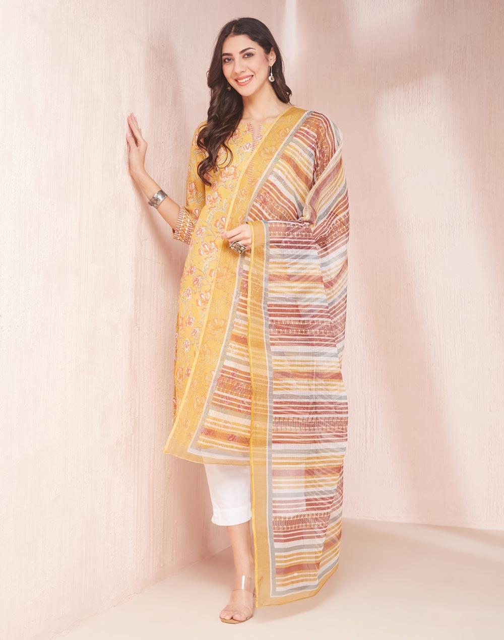 yellow cotton printed 2pc kurta set