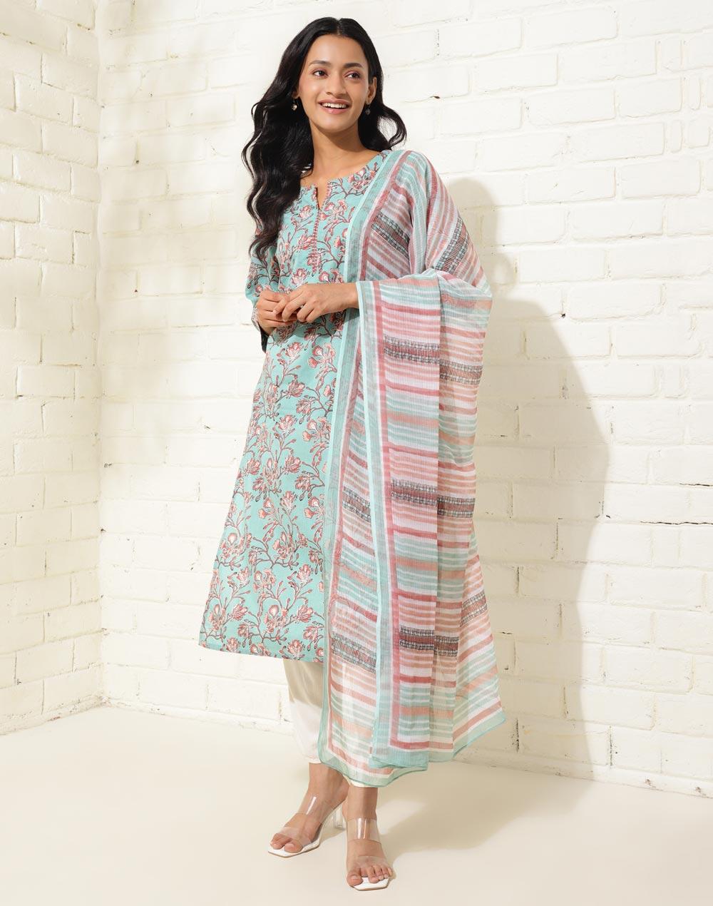 avni blue cotton printed 2pc kurta set