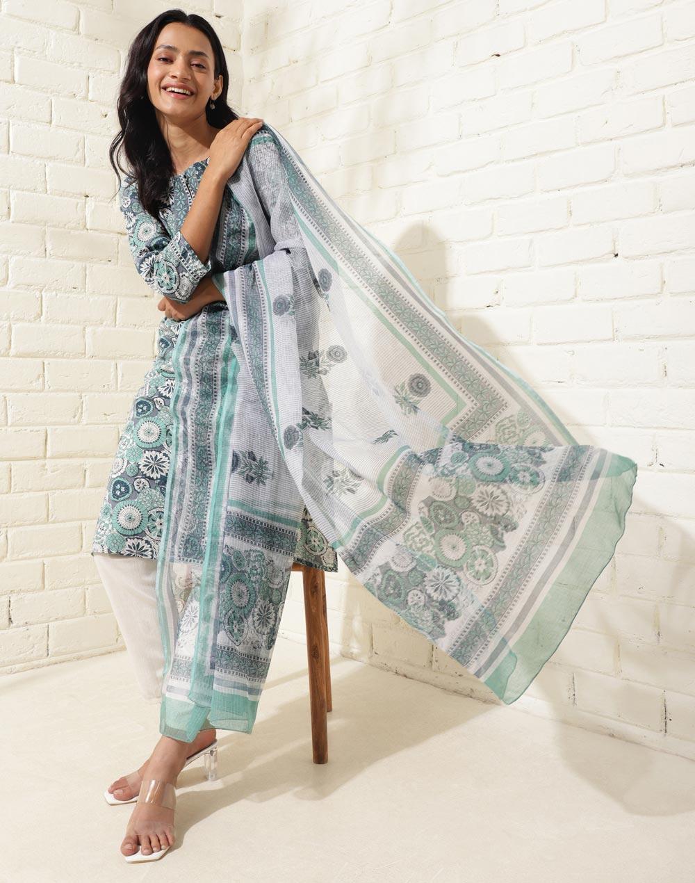 avni blue cotton printed 2pc kurta set