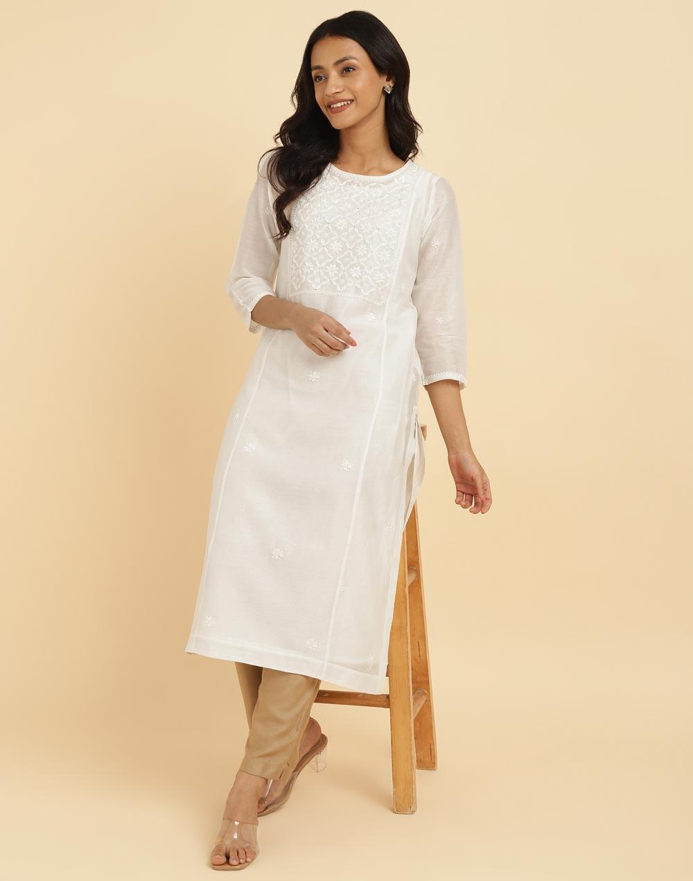 white cotton silk chikankari slim fit kurta & slip set