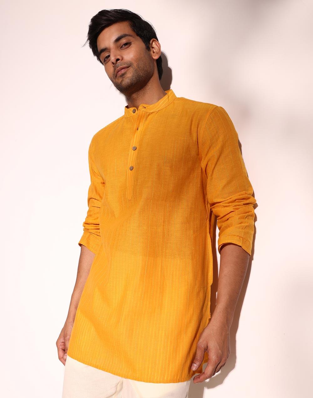 yellow cotton blend striped short kurta