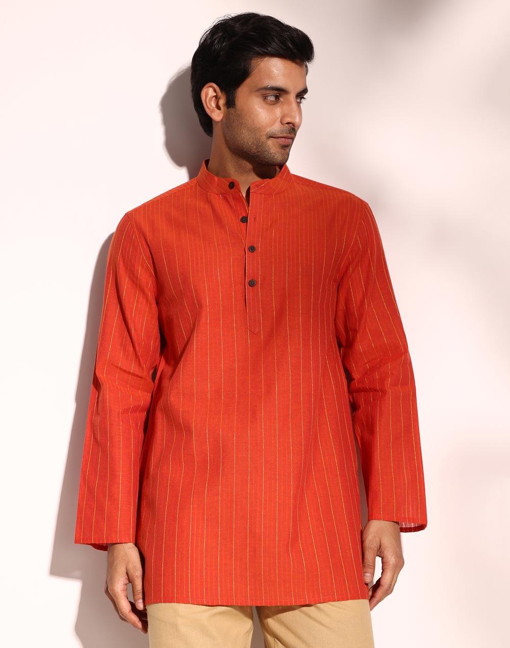 orange cotton blend striped short kurta