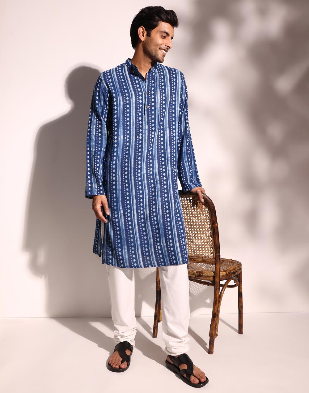 indigo cotton dabu printed long kurta