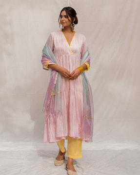 v-neck flared kurta with pyjama & dupatta set