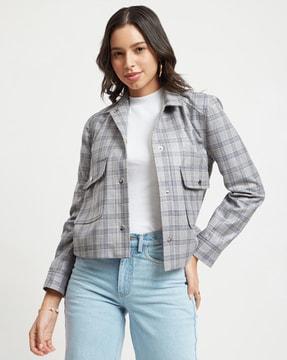 women tailor fit checked biker jacket